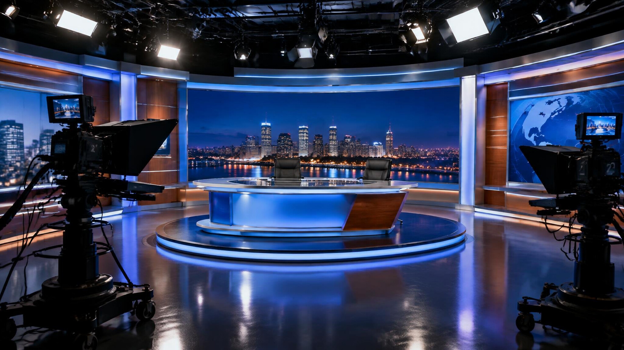Empty television studio set with bright stage lights