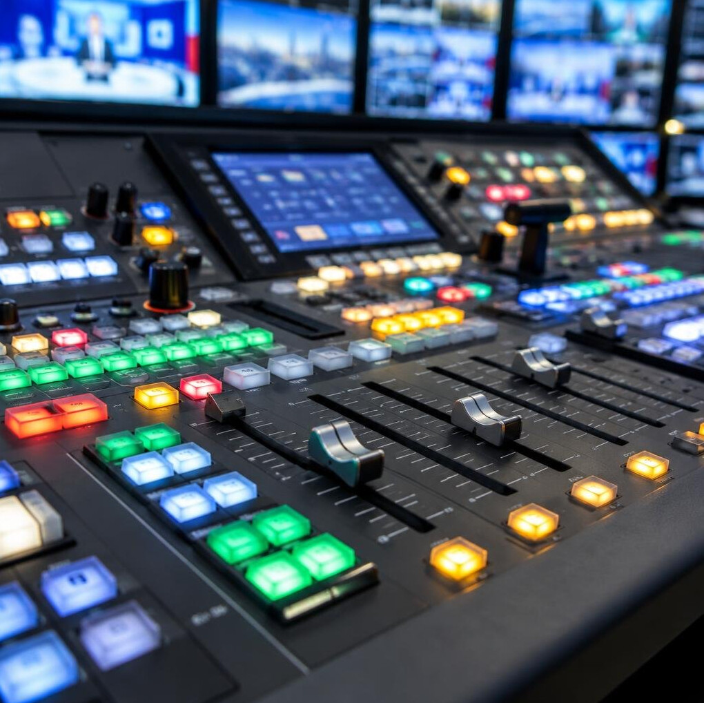 Close-up of a television broadcast mixing console with many buttons