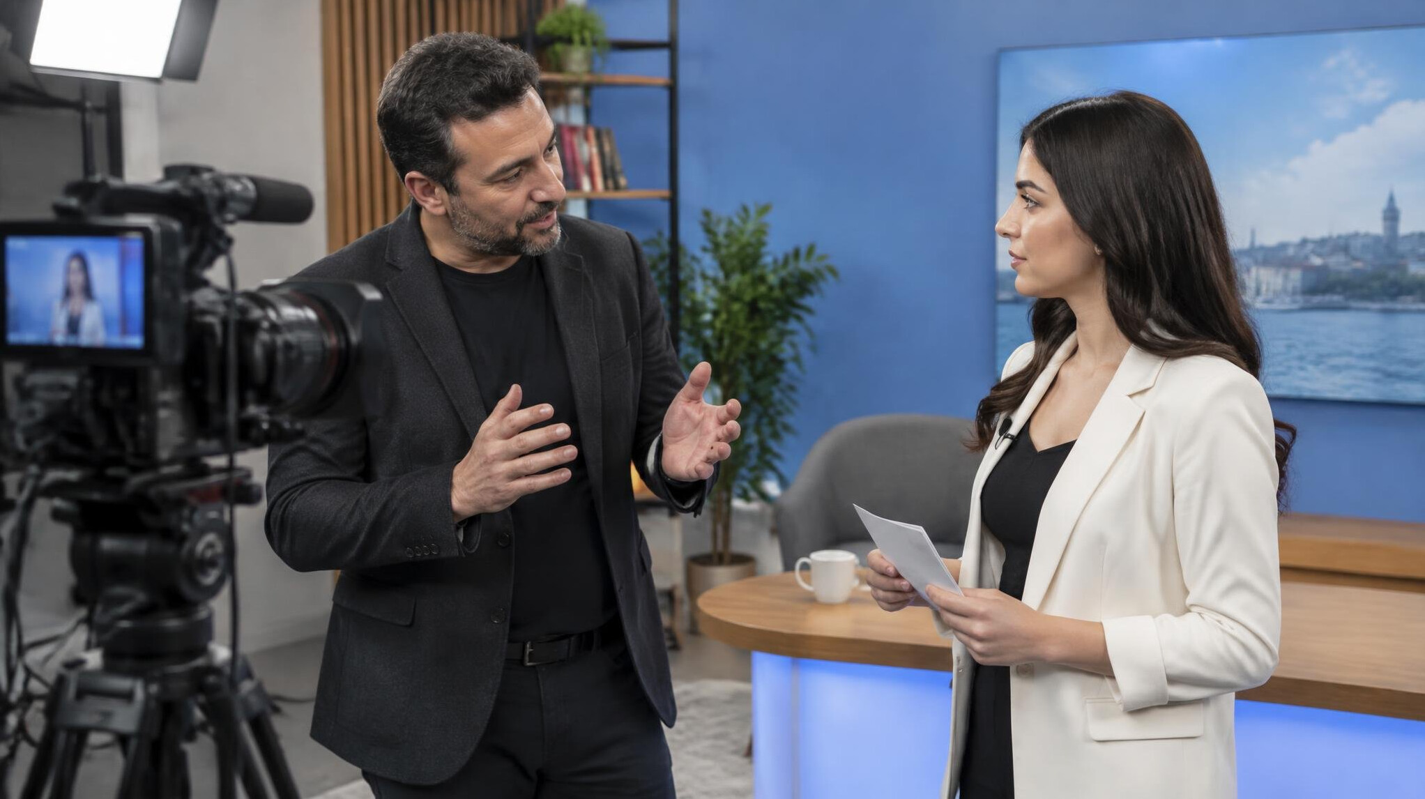 Trainer coaching a presenter in a mock television studio