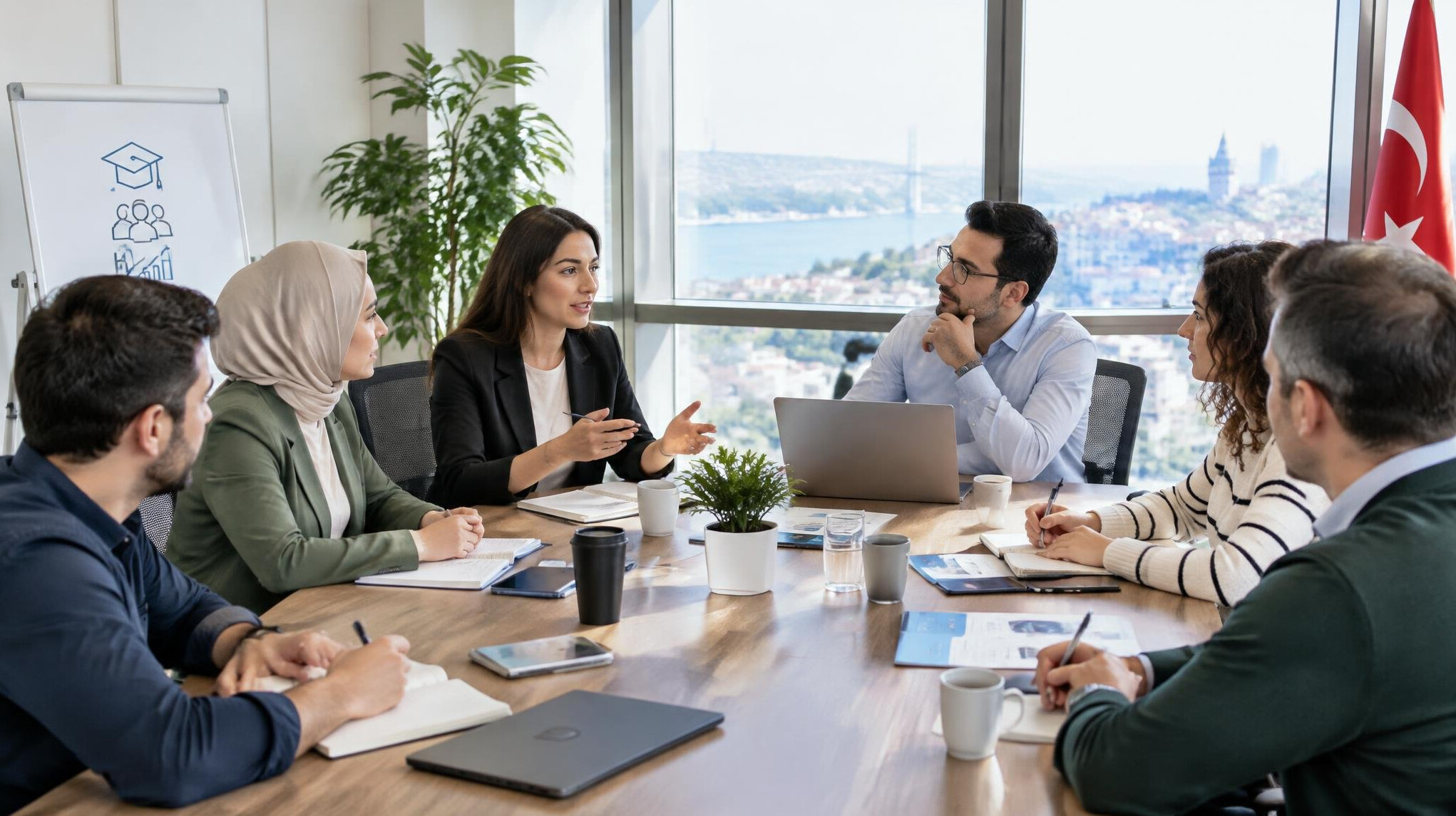 Modern meeting room with Turkish professionals discussing training programs