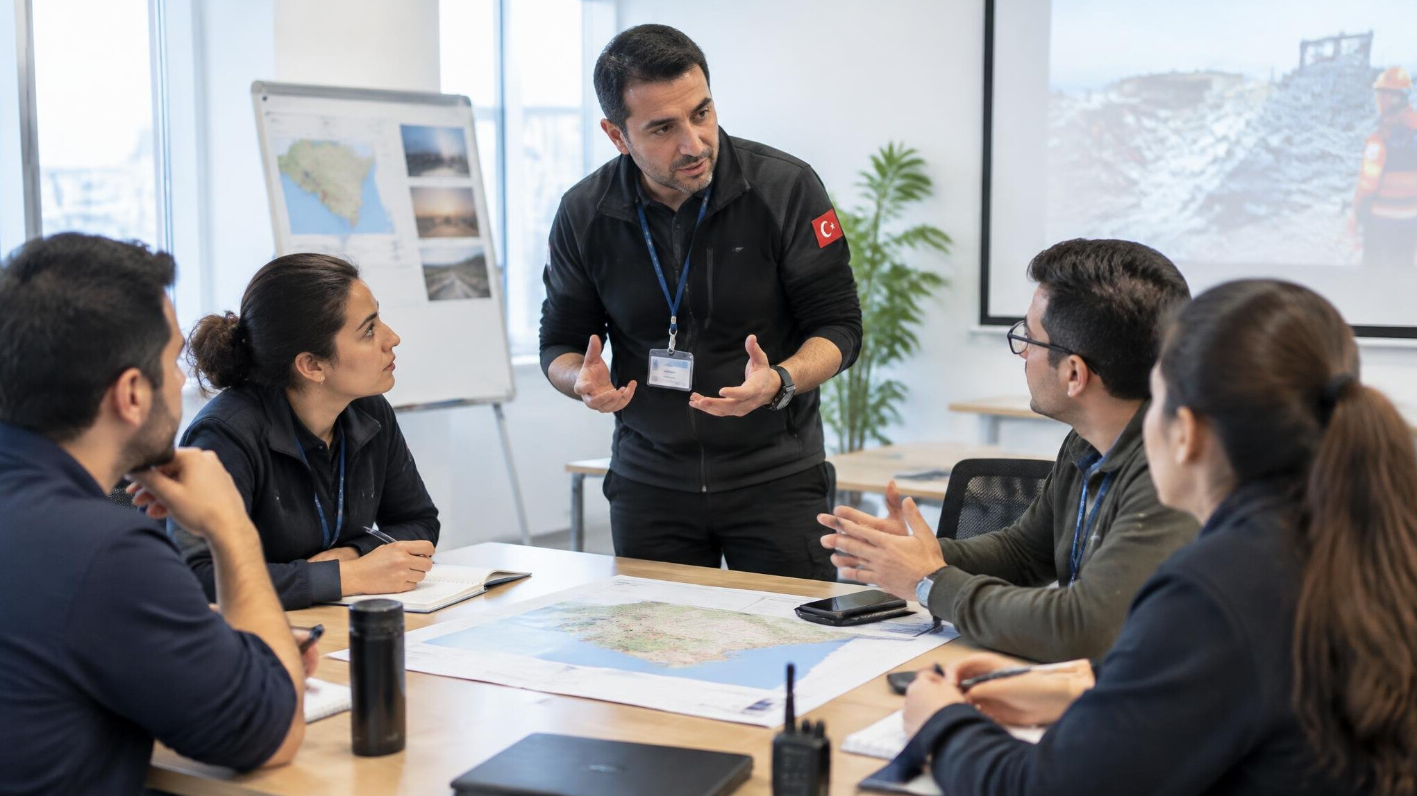 Trainer leading a crisis-management role-play exercise with trainees
