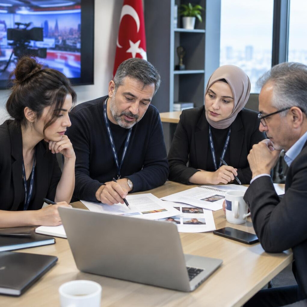 Turkish broadcast team meeting around a table reviewing notes