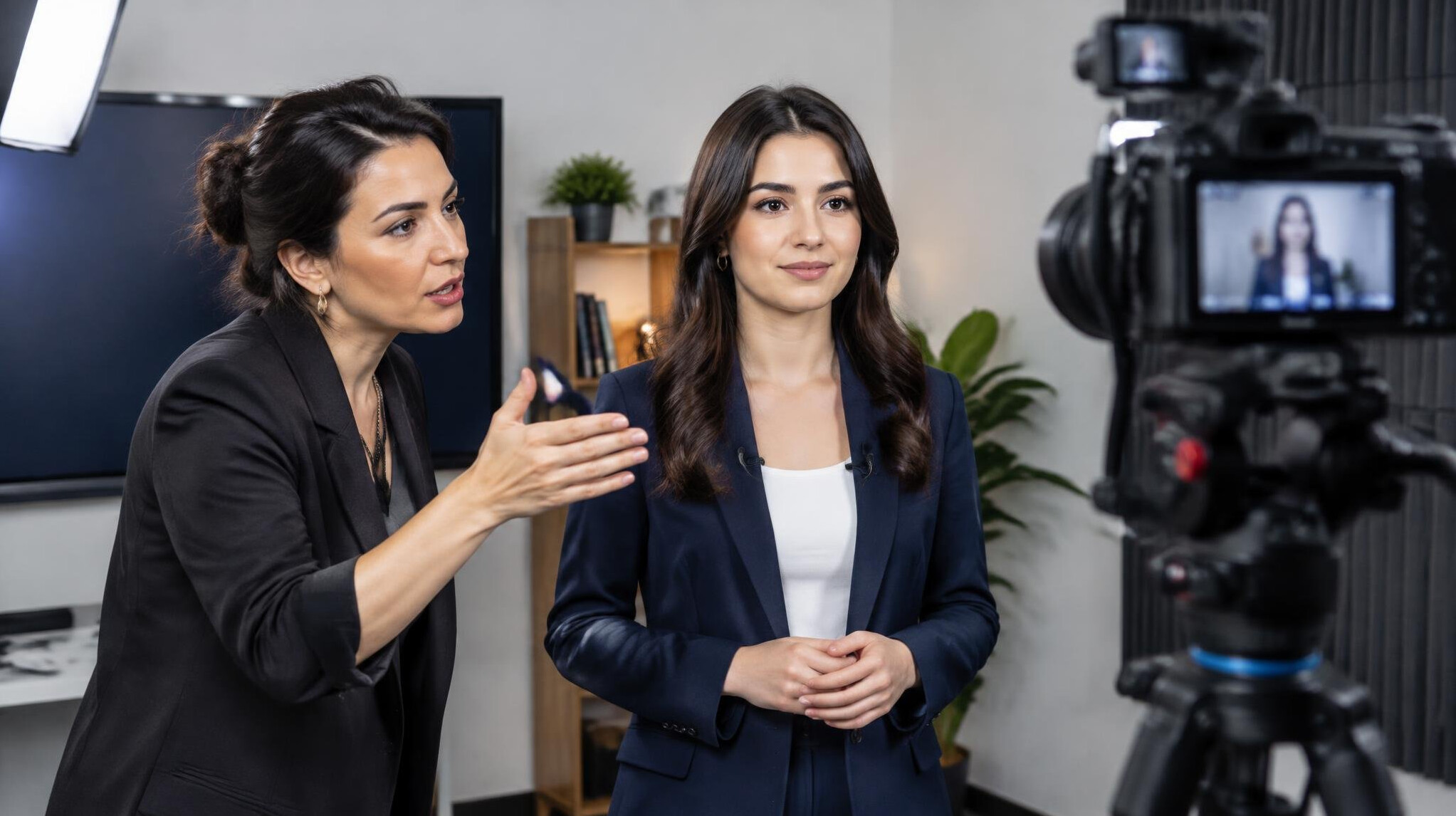 Presenter coaching session with a camera in a training studio