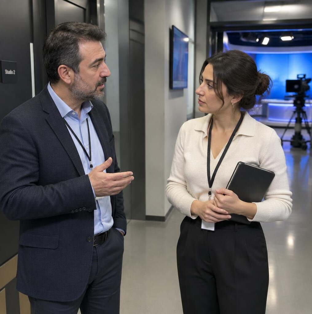 Two Turkish colleagues having a calm conversation in a studio hallway
