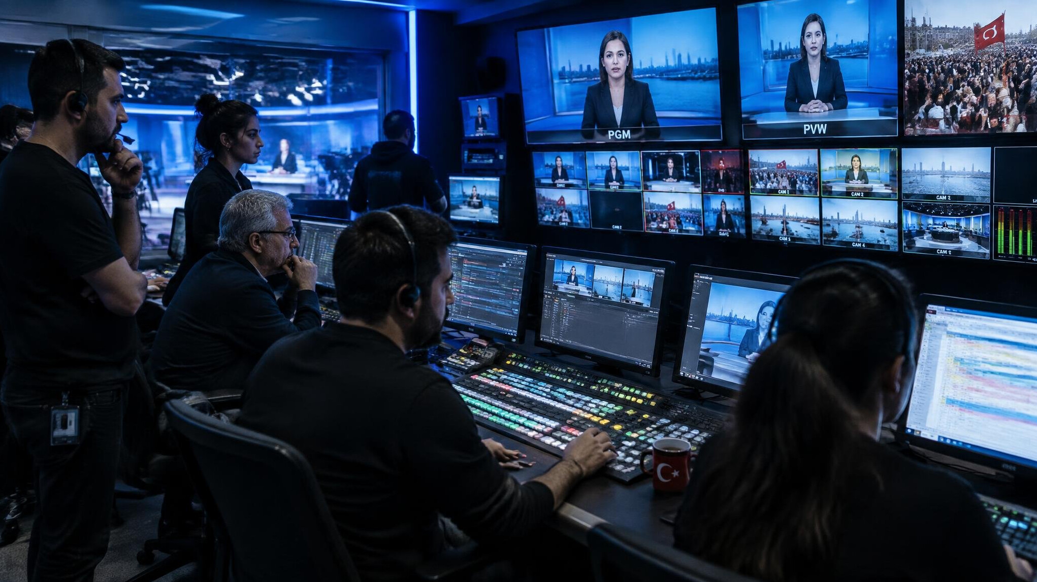 TV studio control room during a live broadcast with crew monitoring screens