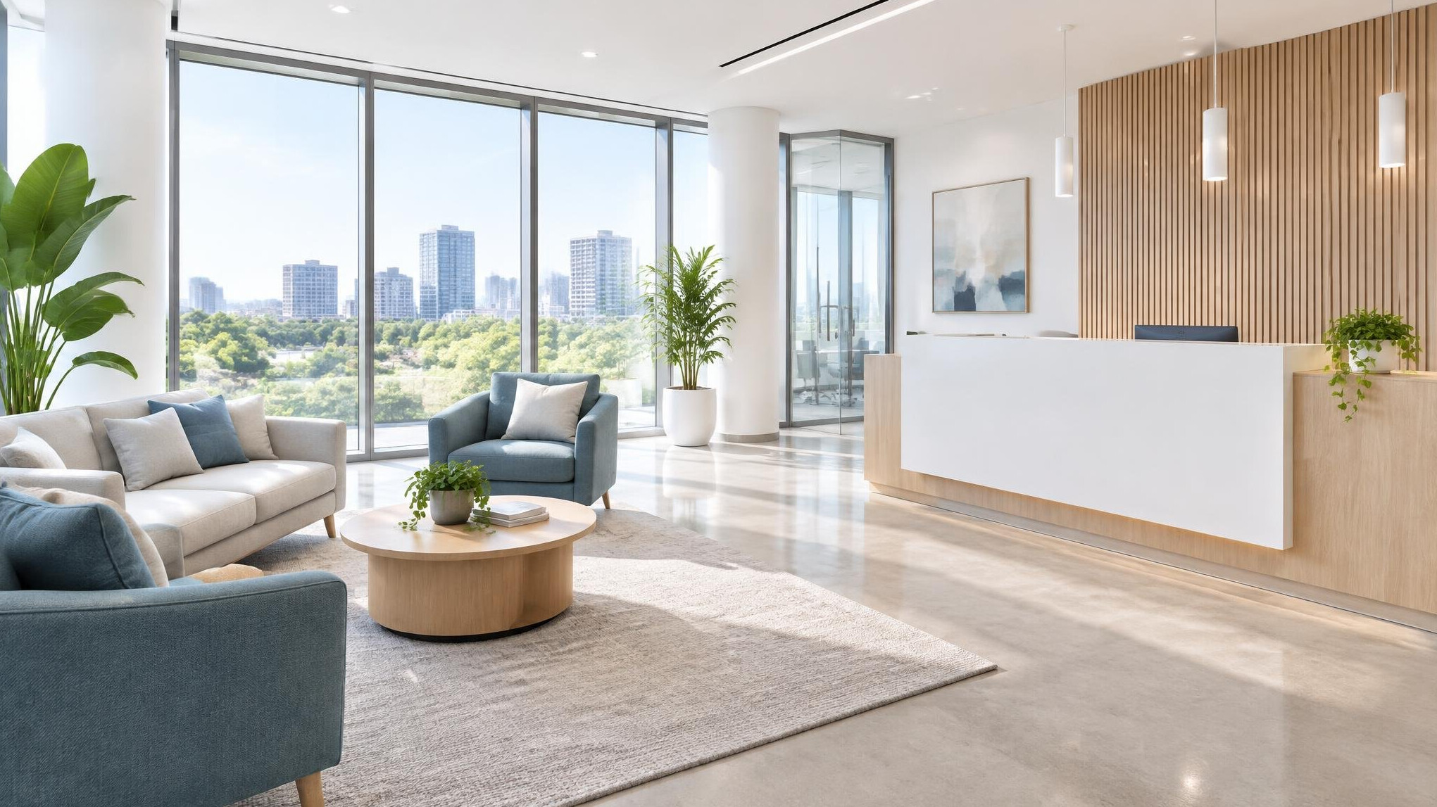 Bright modern office reception area with seating